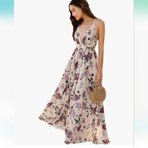 Florens Cream floral maxi dress with open back - Picture 4 of 8